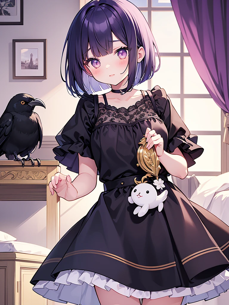 beautiful illustrations, highest quality, pretty girl, Bedroom, pastel colour, deep violet bob cut hair, crow stuffed animal, bright lighting, gold eyes
