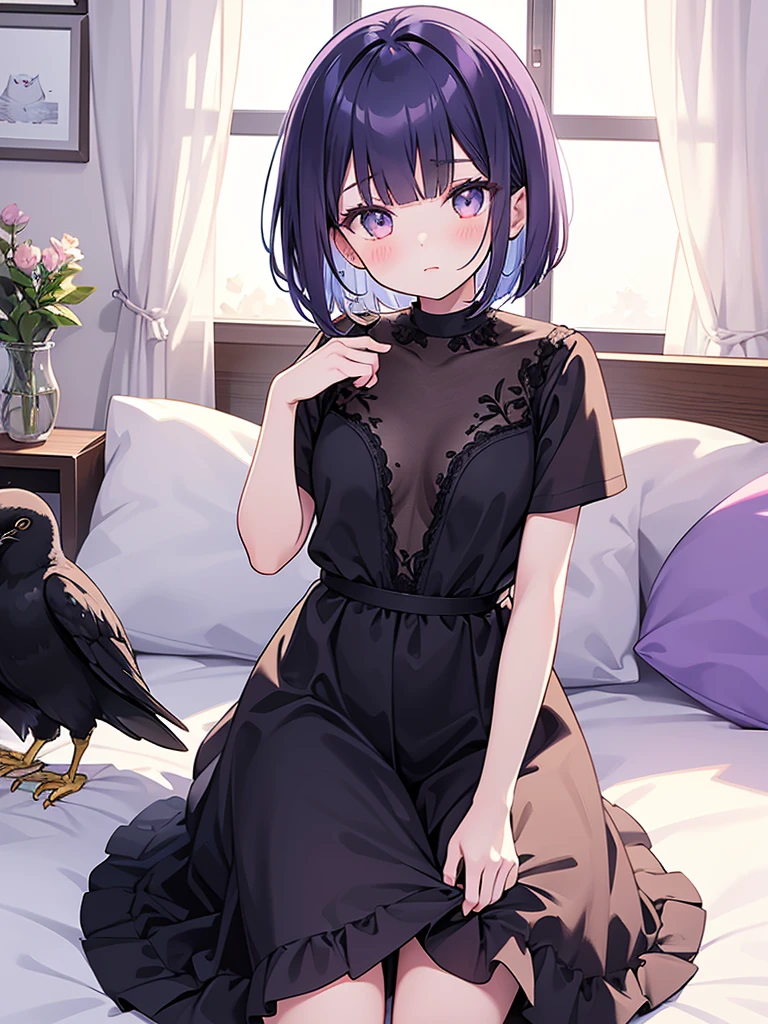 beautiful illustrations, highest quality, pretty girl, Bedroom, pastel colour, deep violet bob cut hair, crow stuffed animal, bright lighting, gold eyes