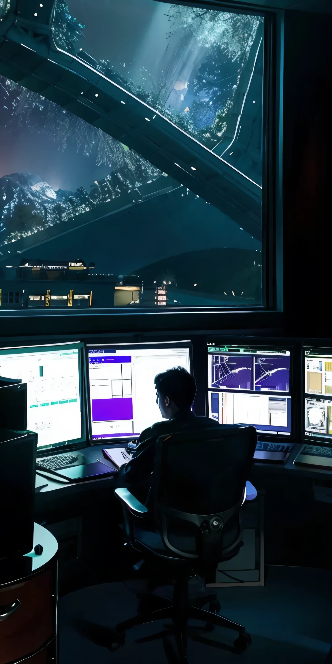 steampunk exterior of a spaceship. Through the windows you can see the landscape of an alien planet, the entire space is full of work consoles with electronic devices and screens, full-HD