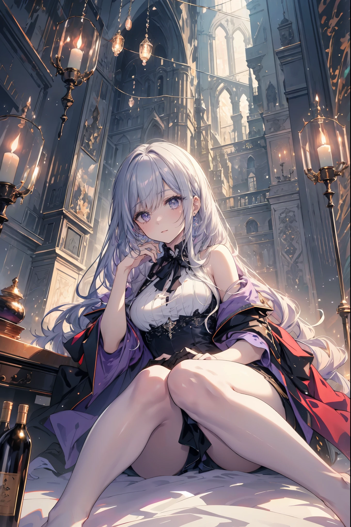 High definition RAW color art, animation,sculpture, Silver Marble Skin, (((Ultra detailed elegant))), magical atmosphere, fine skin, texture,(intricately detailed, small details, Super Detail Art), Depth of field, silky Touch, hyper detail, (pastel purple), beautiful eyes, elegant face, casual jacket, (full body),On your back, lying on the bed, large breast, view from top