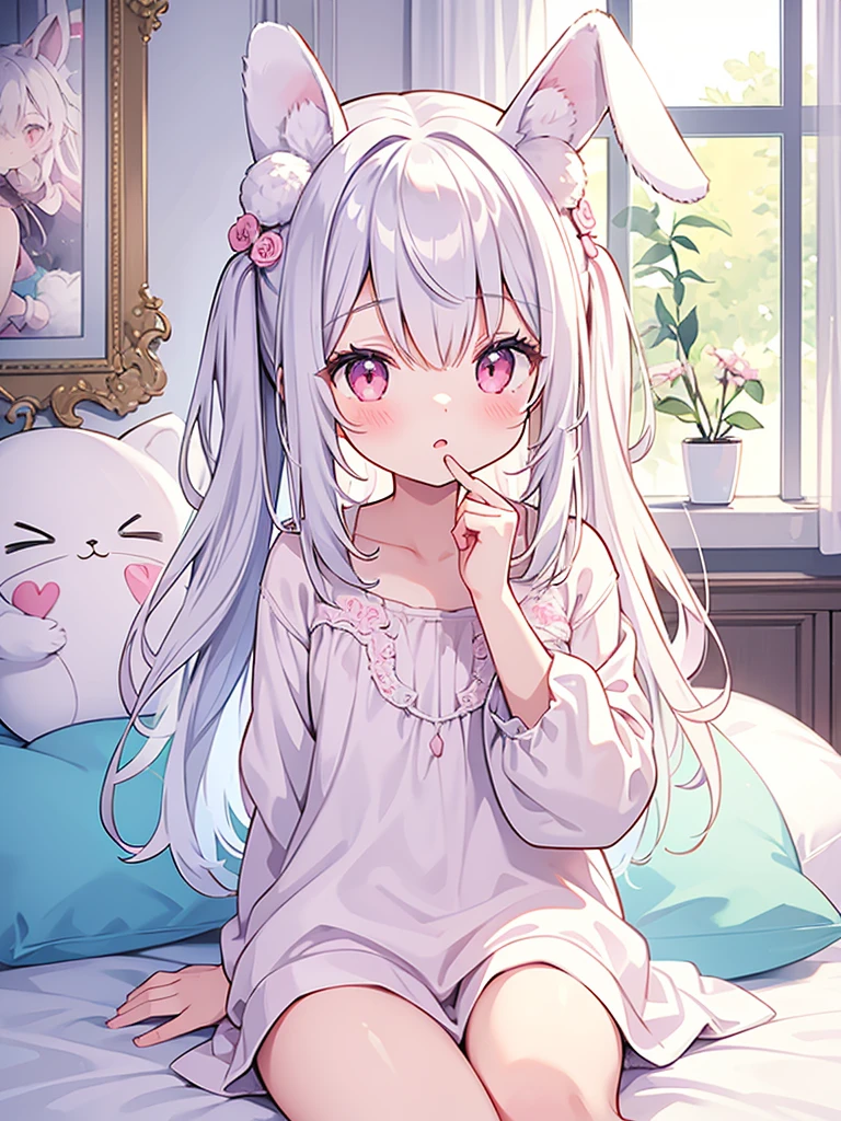 beautiful illustrations, highest quality, pretty girl, Bedroom, pastel colour, fluffy rabbit ears, , long silver hair, rabbit stuffed animal, bright lighting, Pale pink eyes