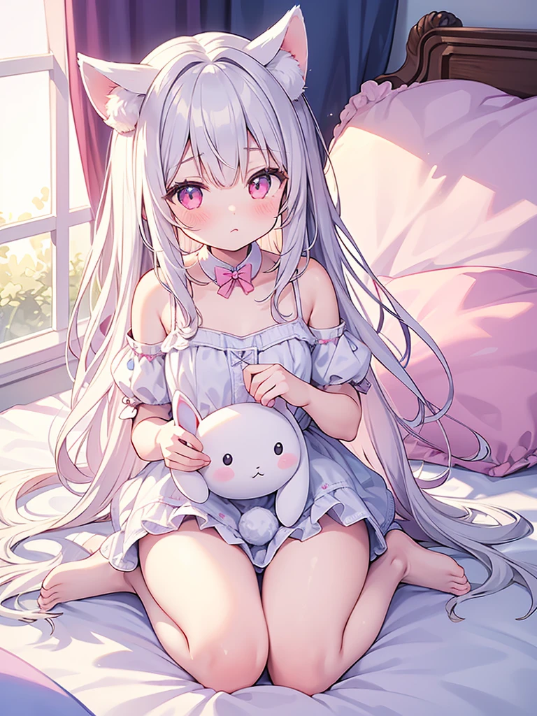 beautiful illustrations, highest quality, pretty girl, Bedroom, pastel colour, fluffy rabbit ears, , long silver hair, rabbit stuffed animal, bright lighting, Pale pink eyes