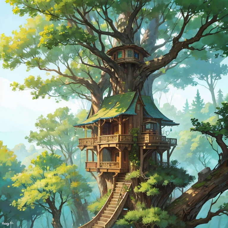 Tree elf large vast treehouse village hidden high amongst the trees.