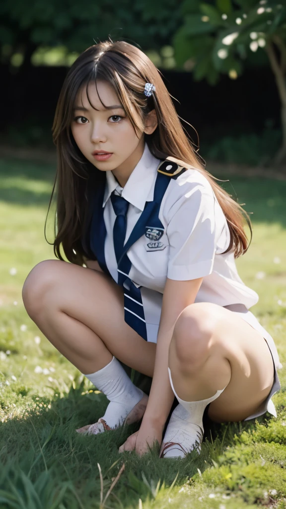 A girl crouching in front in the grass,Missionary position masturbation, with a contemptuous look（people）View, very angry,nude ,Half-naked uniform ,18-year-old, full body ,gyaru make