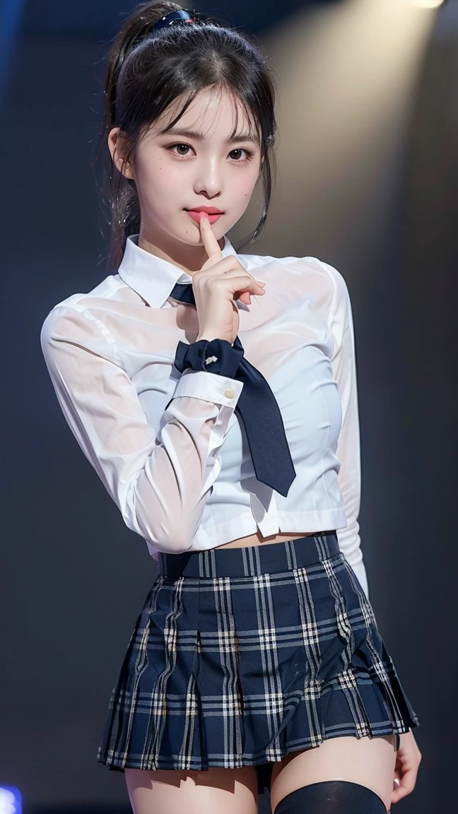 (8K), (highest quality: 1.2), (realistic), (realistic: 1.47), ultra high resolution, 1 girl, cute, smile, closed mouth, (thick lips:1.2),red lip,(Purse your mouth),beautiful details, beautiful nose,(Straight shiny black hair),(With a black ribbon on her head),(ponytail hair),Standing on the concert stage,hold the microphone in your right hand,Bend your elbows and raise your hands,(University Student Uniform,A simple navy blue blazer,white satin shirt,tie,Tartan check pleated skirt,opaque tights:1.2),(Close up on wet thighs:1.3),(knees),(super low angle:1.2),(medium shot),