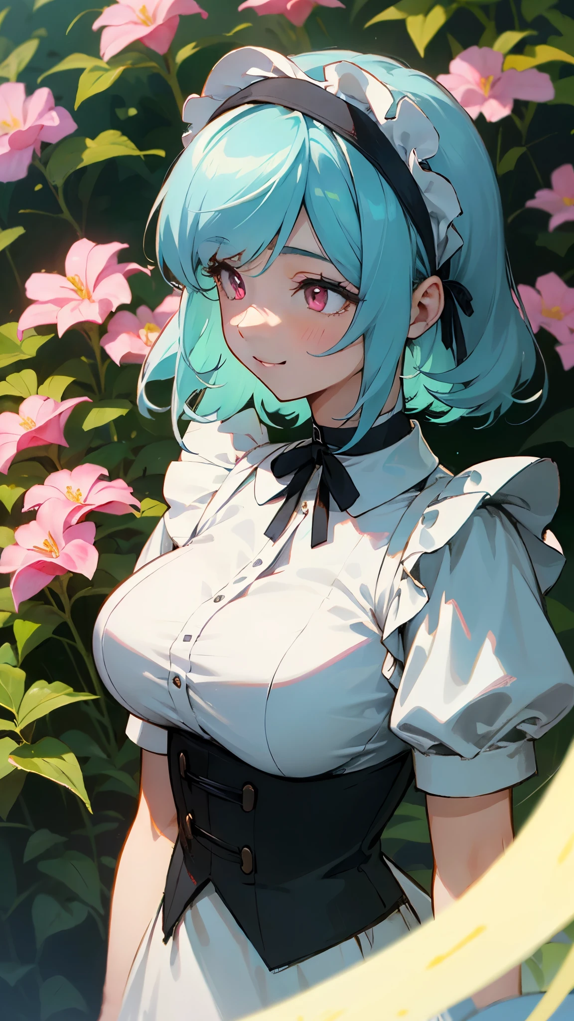 very delicate、1 beautiful girl、anime painting、highest quality、masterpiece、super detailed illustrations、upper body close-up、the most knowledgeable girl、fluffy hair、light blue hair、beautiful pink eyes、smile、round face、colored skin、big breasts、perfect female body、From the side、Black shirred maid dress、apron、Black corset with straps、headband、Choker Ribbon、cufflinks、shiny、outdoor、garden、bright、cinematic lighting、sharp outline
