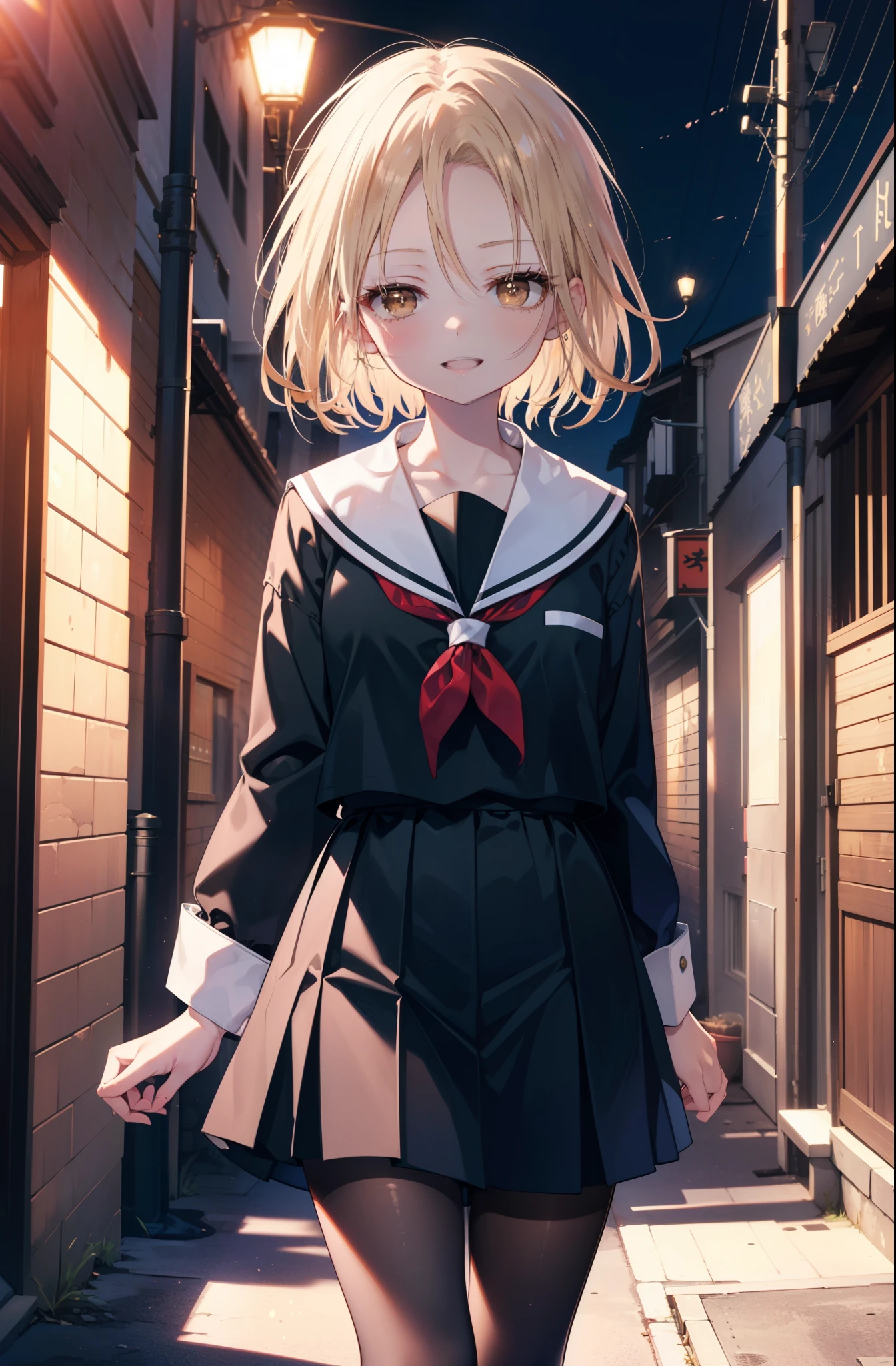 annakyouyama, anna kyouyama, blonde hair, short hair, (brown eyes:1.7),happy smile, smile, open your mouth,Black long-sleeved sailor suit,black pleated skirt,white pantyhose,black loafers,walking,morning,morning日,太陽が登っている
break looking at viewer, whole body,(cowboy shot:1.5),
break outdoors, city,building street,
break (masterpiece:1.2), highest quality, High resolution, unity 8k wallpaper, (shape:0.8), (fine and beautiful eyes:1.6), highly detailed face, perfect lighting, Very detailed CG, (perfect hands, perfect anatomy),