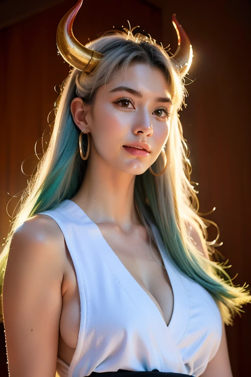 ultra realistic 8k cg, masterpiece, ((ultra detailed background, delicate pattern, intricate detail)), (highly detailed, fine details), best quality, (photorealistic:1.4),beautiful lighting,  absurdres, RAW photo, film grain, ((Big breasts, Masculine girl)), Yamato, long hair, 1girl, horns, white hair, solo, oni, red horns, curled horns, hair ornament, (multicolored horns), jewelry, earrings, japanese clothes, kimono, hair stick, sleeveless, bare shoulders, aqua hair, sidelocks, hoop earrings, hakama, smile, wide smile, ((orange eyes, Masculine girl, Big breasts)), (complex detailed background, barren land, moon, portrait, close-up),show 