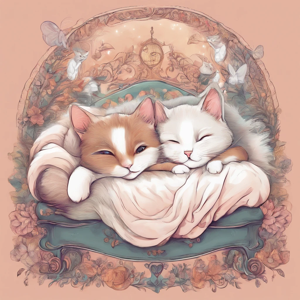 Fluffy cute cats sleep sweetly on a cozy sofa, the mouse sleeps nearby, the ghost fell asleep in the corner,
cute
