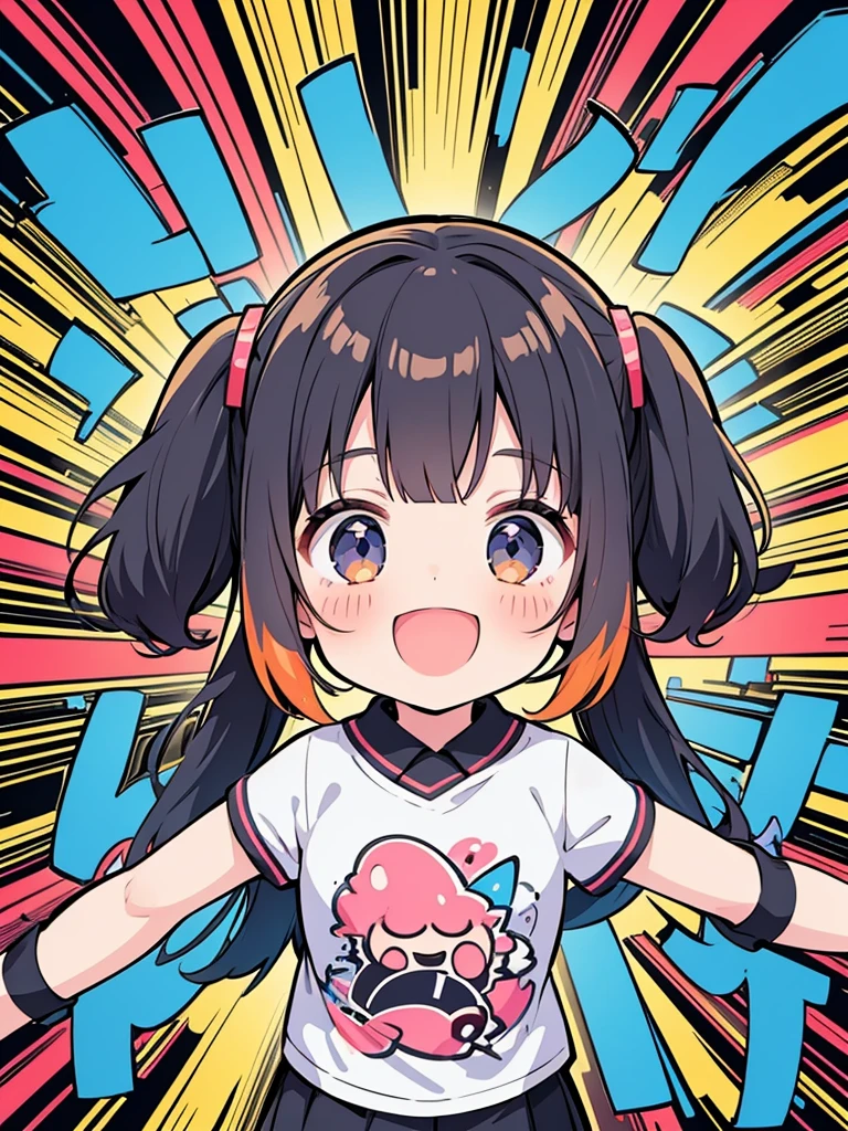 line graphics, manga style for kids, the portret of girl smiles happily, sticker, vector drawing, flat image, ager in modern clothes, (dynamic pose), (abstract background with inscriptions:1) and graffiti, by banksy, trending pixels, 8k