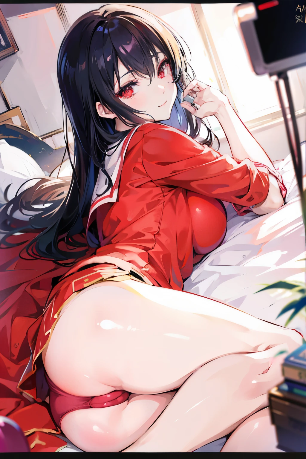 anime girl laying on bed with cell phone in hand, red eyes, seductive anime girl, beautiful anime girl squatting, anime moe artstyle, the anime girl is crouching, teasing smile, ecchi, sitting on the bed,sitting on a bed, with long hair