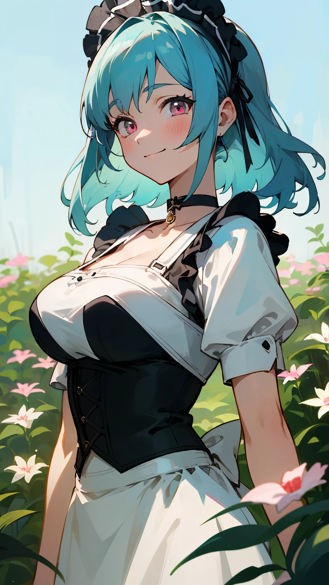 very delicate、1 beautiful girl、anime painting、highest quality、masterpiece、super detailed illustrations、upper body close-up、the most knowledgeable girl、fluffy hair、light blue hair、beautiful pink eyes、smile、round face、colored skin、big breasts、perfect female body、From the side、Black shirred maid dress、apron、Black corset with straps、headband、Choker Ribbon、cufflinks、shiny、outdoor、garden、bright、cinematic lighting、sharp outline