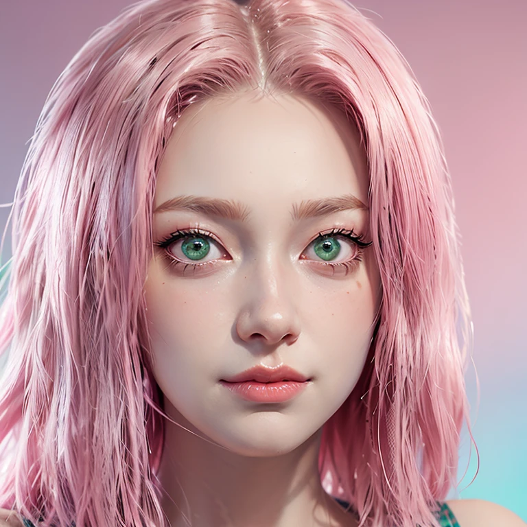 young woman, short shoulder-length pink hair, wide forehead, porcelain skin, pink eyebrows, big emerald green eyes, buttoned nose, full lips, heart-shaped face, slender body, small breasts, red tank top, Sakura Haruno , realistic, realism, details, 3d, well detailed
