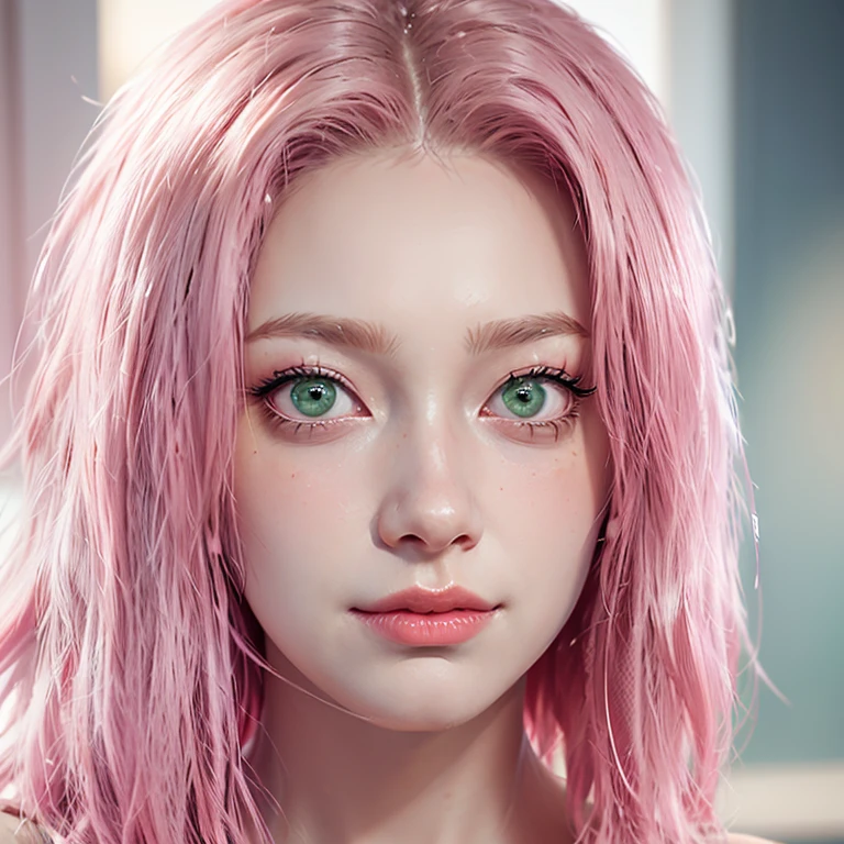 young woman, short shoulder-length pink hair, wide forehead, porcelain skin, pink eyebrows, big emerald green eyes, buttoned nose, full lips, heart-shaped face, slender body, small breasts, red tank top, Sakura Haruno , realistic, realism, details, 3d, well detailed
