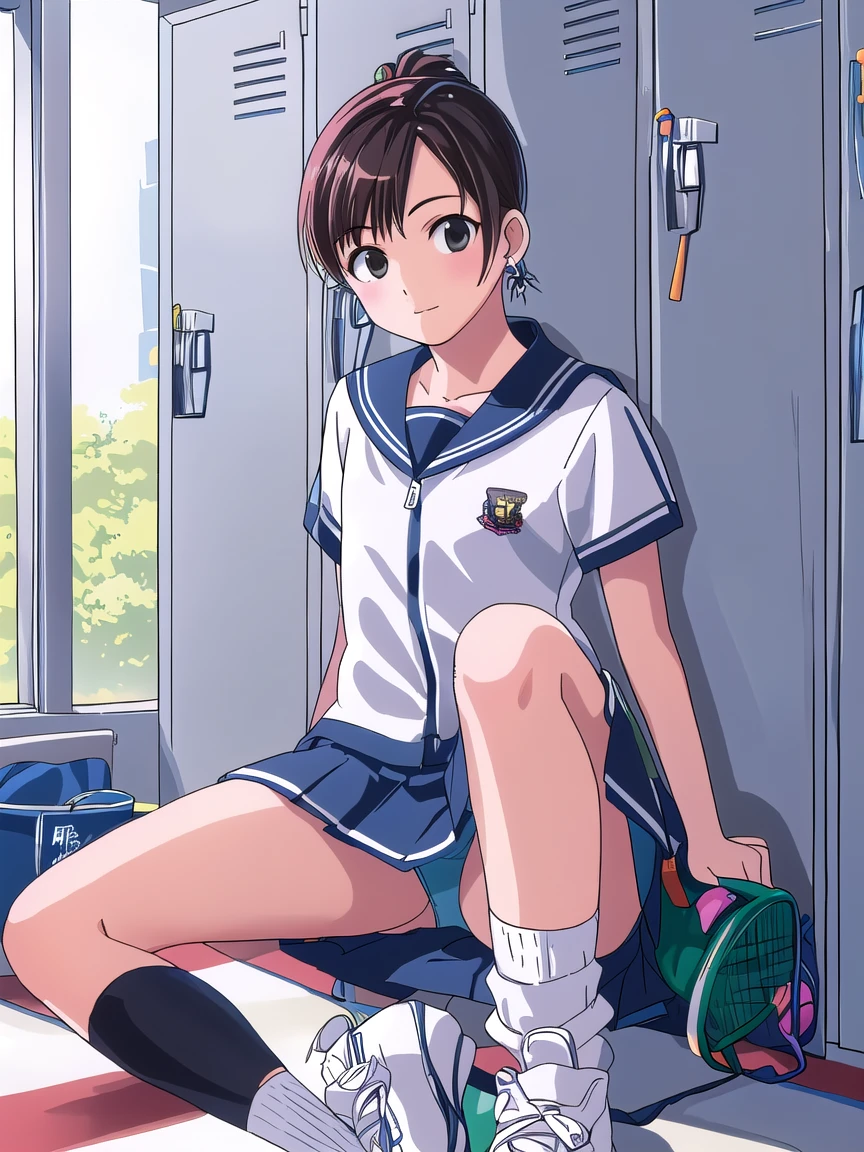 highest quality, ultra high resolution, (realistic: ),(A  wearing white tennis wear２people))(((Please open your legs a little)))full body portrait,locker room、Change of clothes,loose socks、Embroidered panties、Embroidered bra、shortcut、ponytail、earrings.bloomers、Pleated scouts、blazer、mini skirt