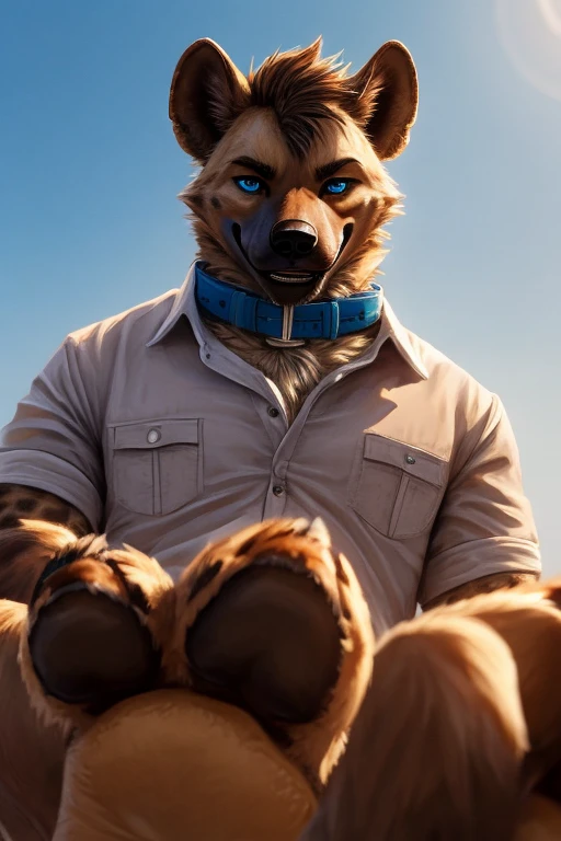 handsome, hyena, scruffy fringe, wearing a pale yellow buttoned shirt, blue collar, eyes with a mischievous glint, blue eyes, average build, good eyes, warm lighting, 8k semi realistic, low angle, small grin, foot paw (4 digits on paw)