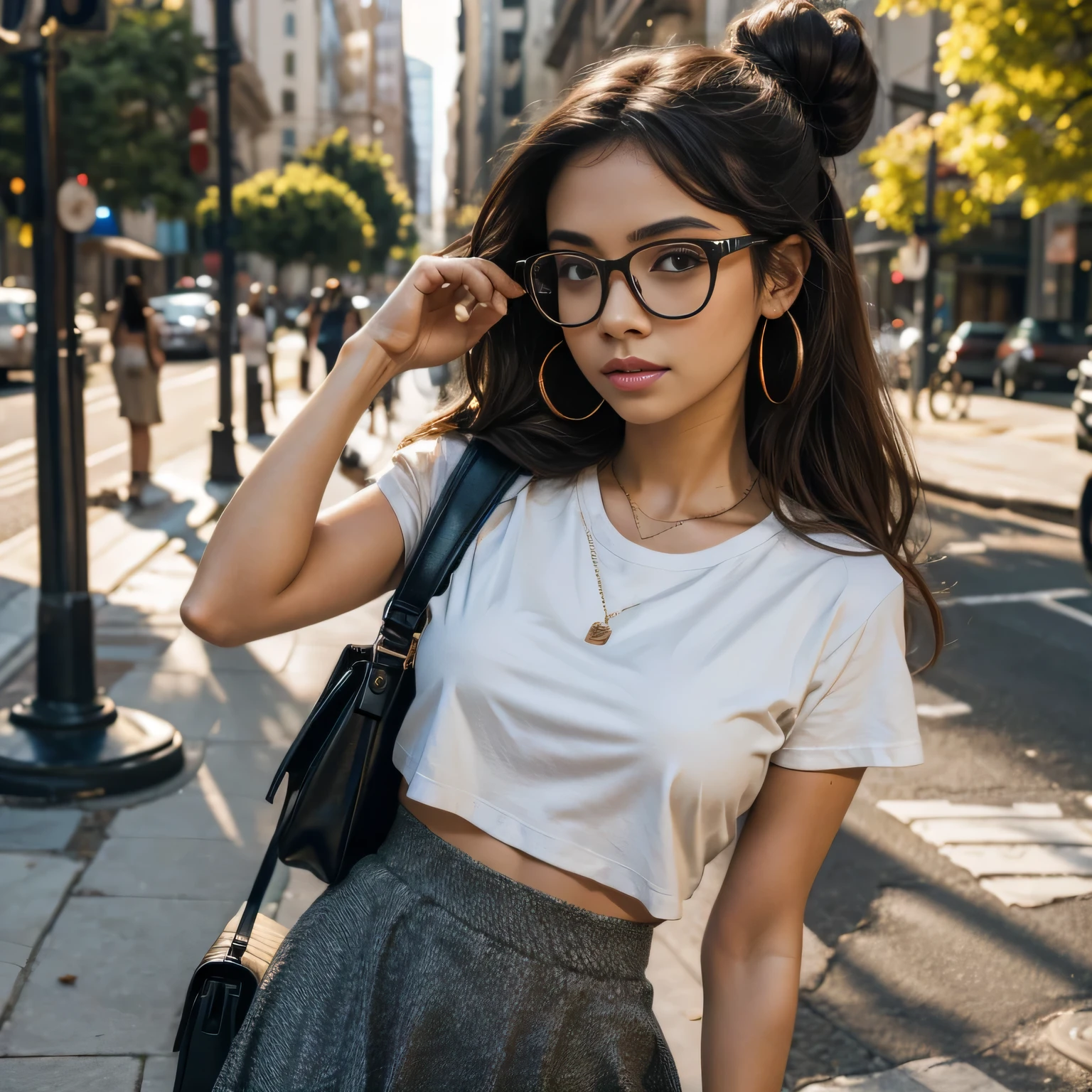 act like an professional AI Prompt designer and create a high quality whole body shot of a Sexy (sexy hot body) hot young 5'5 Tall latina with light brown skin tent - Natural photorealistic looking image of a young beautiful yet sexy latina girl wearing modern glasses with Long Black Hair with natural titts wearing a wild hairbun - in a cute yet sexy mini skirt and a white cut out t-shirt walking in the city in spring time - high quality - best quality - high resolution Photorealistic Image