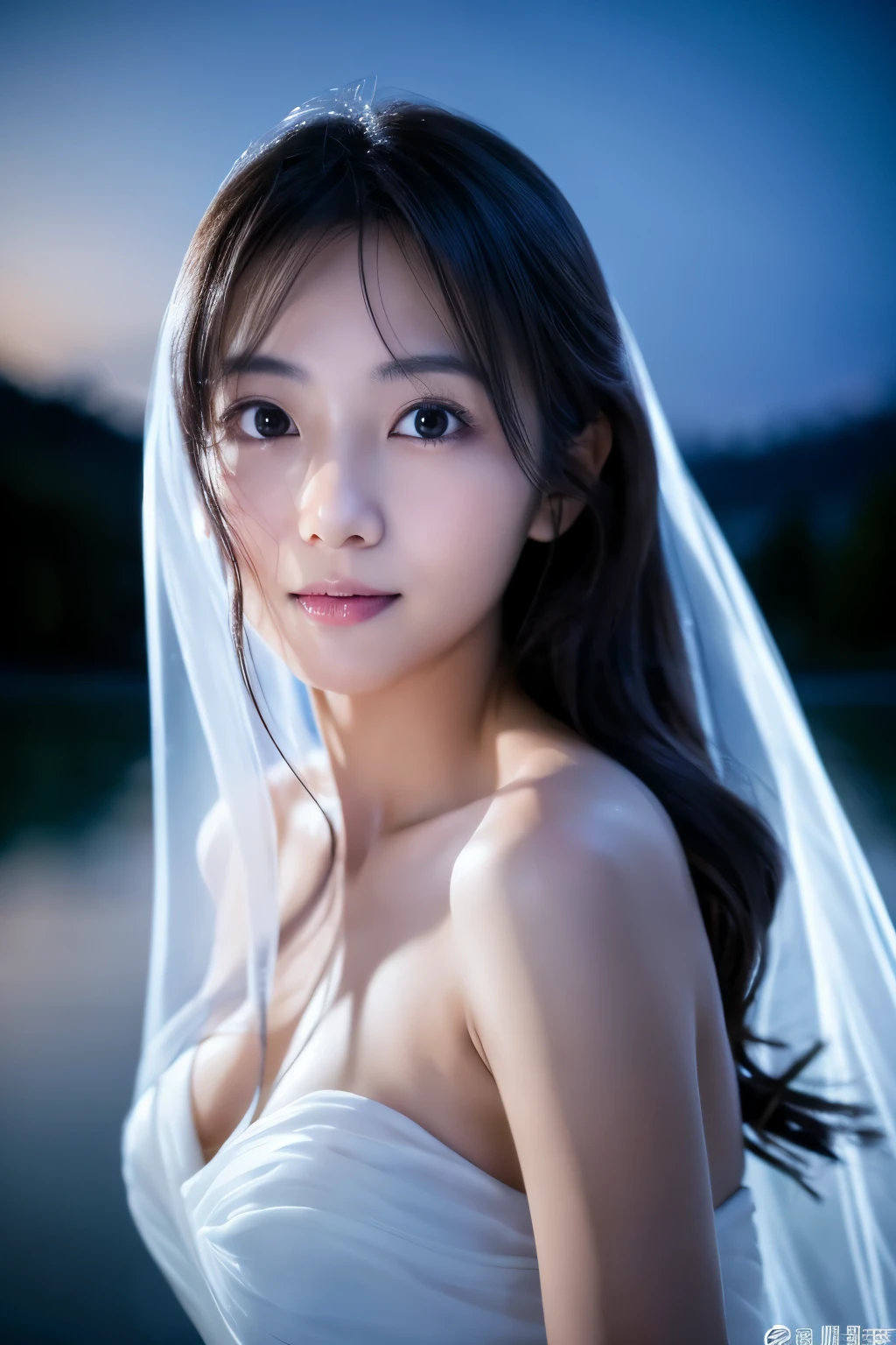 (masterpiece, 8K, high quality, high resolution), Skinny Japanese woman, age 30s, cute face, (detailed face), (detailed eyes), Under the moonlight, draped in a white veil, standing by the lakeside in the night.