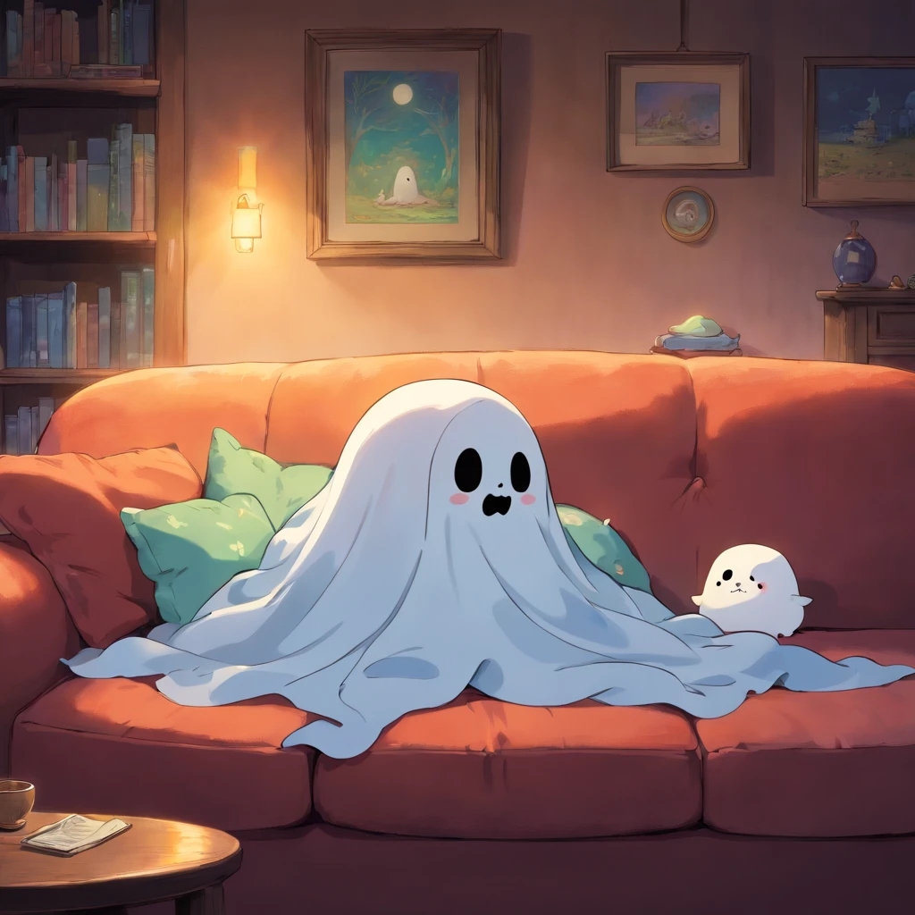Cute funny ghost ghost fell asleep on the sofa in the semi-darkness