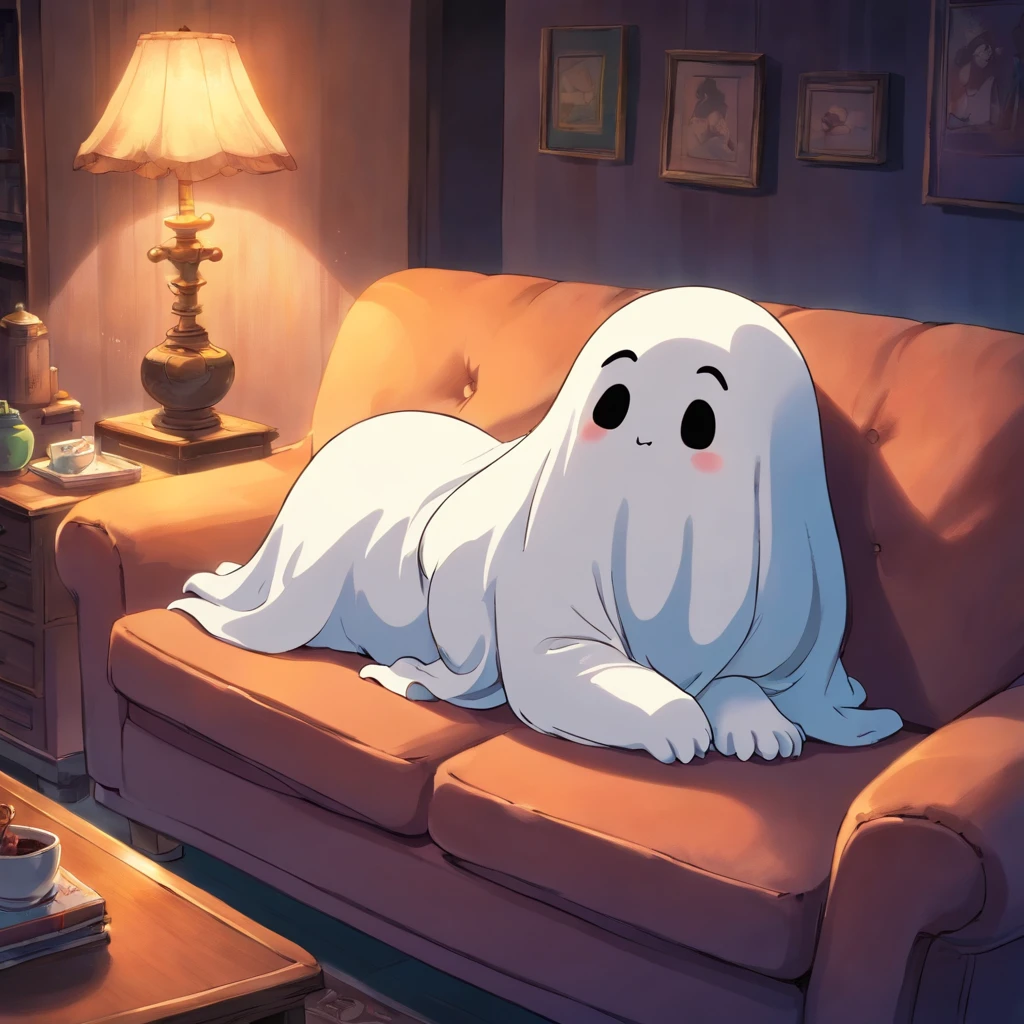 Cute funny ghost ghost fell asleep on the sofa in the semi-darkness