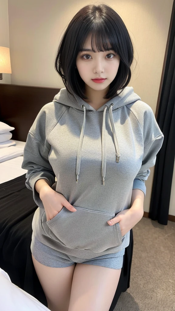 muste piece, best quality, illustration, Super detailed, fine details, High resolution, 8K,wall paper, perfect dynamic composition,(Details High quality, realistic depiction of eyes:1.3), (Oversized Light Gray Hoodie:1.2), Erotic Shorts, big breasts, short bob hair、black hair color, Big Natural Color Lip, bold sexy pose, (perfect body shape), crying a little、cold gaze, Harajuku style、20 year old girl、cute type、lolita、beautiful legs, hotel room, gravure idol