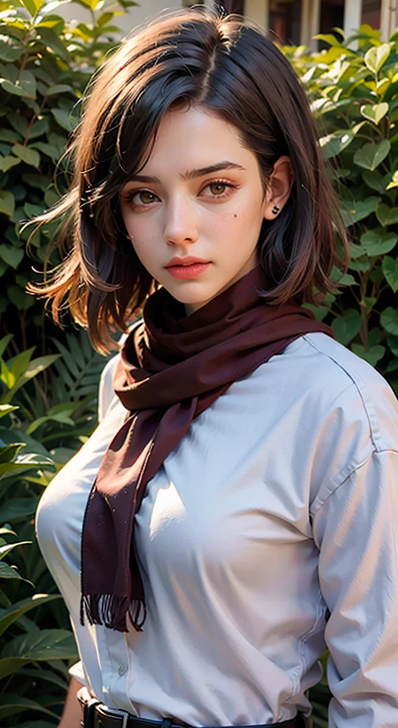 (masterpiece), (hyper realistic), Attack on Titan, half body shot, Mikasa Ackerman, Crying, sadness, Tears, A maroon scarf around his neck, Loneliness, Lost, dinamic lighting, Grassland background