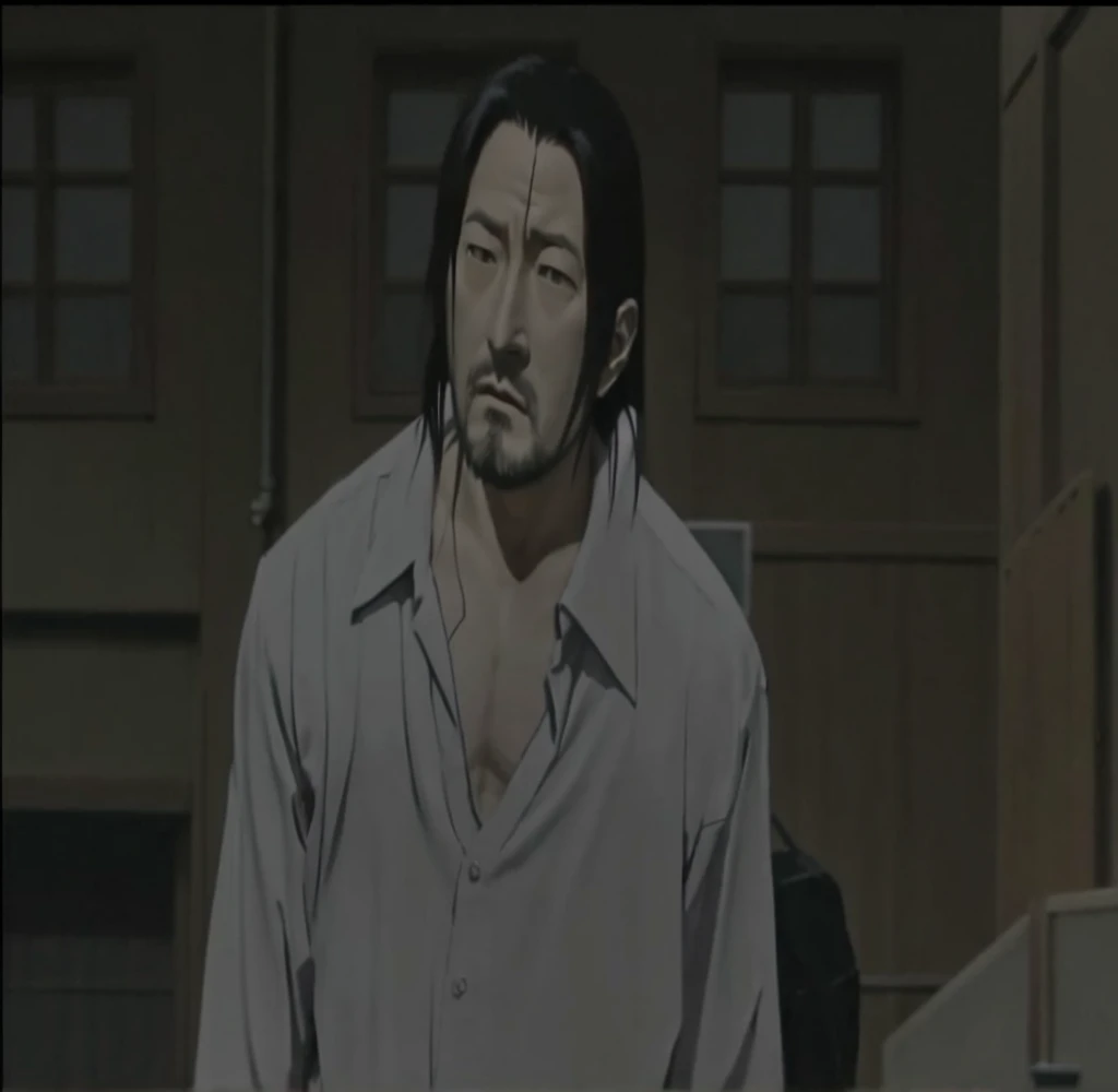 a close up of a person in a shirt and tie with a knife, in the anime film ergo proxy, boromir in an 80\'s anime world, screenshot from guro anime, in the anime series ergo proxy, walter white in attack on titan, creepy!!, ozabu, takehiko inoue, in the anime film, hyper realistic art, masterpiece, high quality