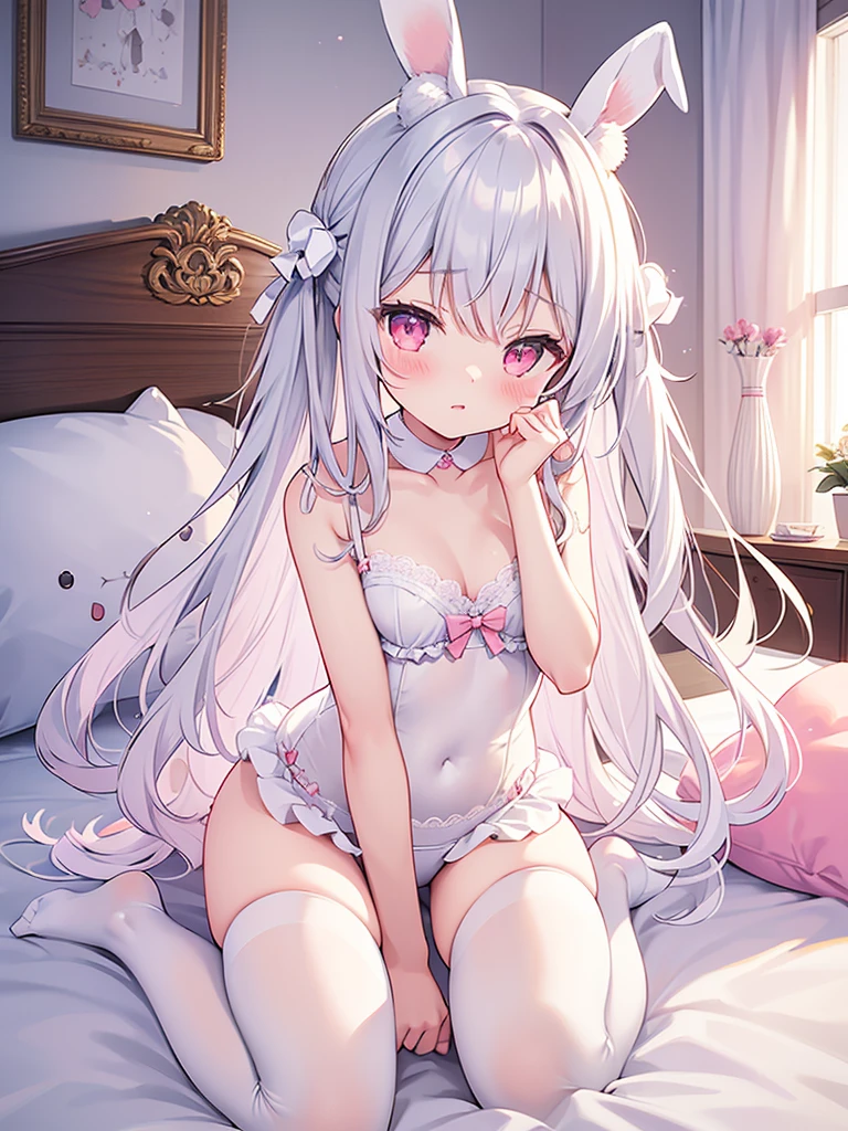 beautiful illustrations, highest quality, pretty girl, Bedroom, pastel colour, fluffy rabbit ears, two-separated lingerie, long silver hair, rabbit stuffed animal, bright lighting, Pale pink eyes
