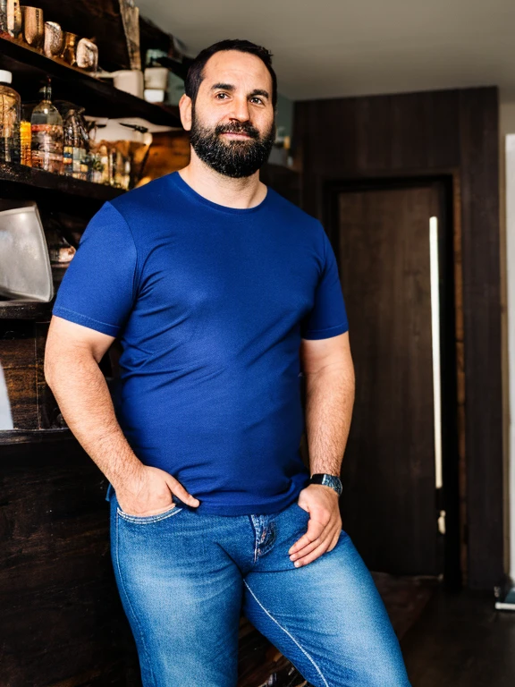 insecure dad, in his 30s, 5 oclock shadow, shirt, jeans, overweight, handsome, in mancave