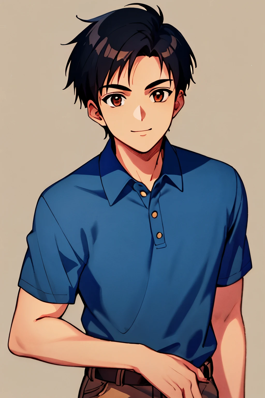 masterpiece, best quality, cel shaded, bright colors, 1boy, solo, male focus, teenage boy, short black hair, brown eyes, youthful smile, healthy complexion, muscular frame, polo shirt, khaki pants, looking at viewer, staring straight ahead, upper body shot, simple background