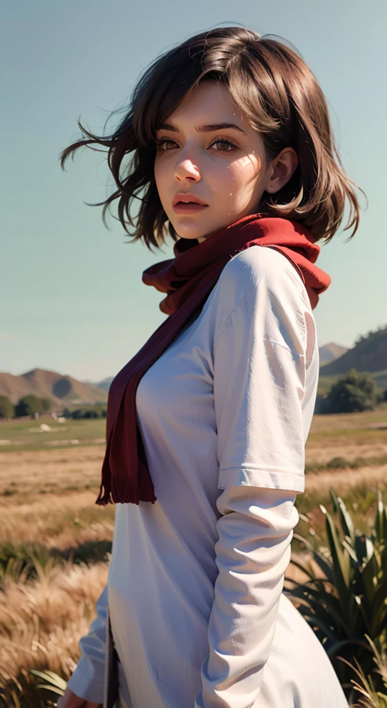 (masterpiece), (hyper realistic), Attack on Titan, half body shot, Mikasa Ackerman, Crying, sadness, Tears, A maroon scarf around his neck, Loneliness, Lost, dinamic lighting, Grassland background