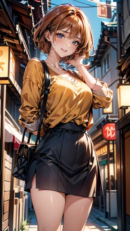 This magical sight、first、Beautiful landscapes depicted in ultra-high resolution。It&#39;s like a realistic painting、8Kの解像度によってdetailsまで見逃すことなく再現されています。The scene is filled with HDR sparkle and cinematic lighting.、dramatic angle、shopping street、She has a mature charm、Standing in a natural pose、((The gesture of combing your hair:1.3、orange hair、short hair))、Beautiful woman、Fashion Sense、details、sophisticated style、Trend、Chic design、luxury material、fit、Color harmony、accessories、Accessory Use、Consideration of your feet、bag、Hairstyle、make、A confident smile