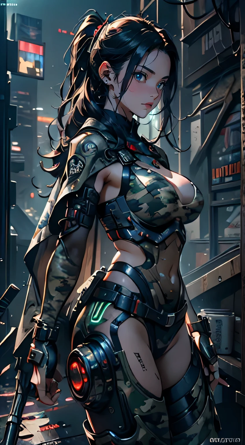 (masterpiece:1.2, Best quality), ((Best quality)), ((masterpiece)), (highly detailed:1.3), 3D, beautiful (cyberpunk:1.2) special forces, robort,female with thick voluminous hair wearing (wearing camouflage_uniform:1.1), body armour,cape,digital (camouflage:1.3),HDR (High Dynamic Range),Ray Tracing,NVIDIA RTX,Super-Resolution,Unreal 5,Subsurface scattering,PBR Texturing,Post-processing,Anisotropic Filtering,Depth-of-field,Maximum clarity and sharpness,Multi-layered textures,Albedo and Specular maps,Surface shading,Accurate simulation of light-material interaction,Perfect proportions,Octane Render,Two-tone lighting,Wide aperture,Low ISO,White balance,Rule of thirds,8K RAW,Efficient Sub-Pixel,sub-pixel convolution