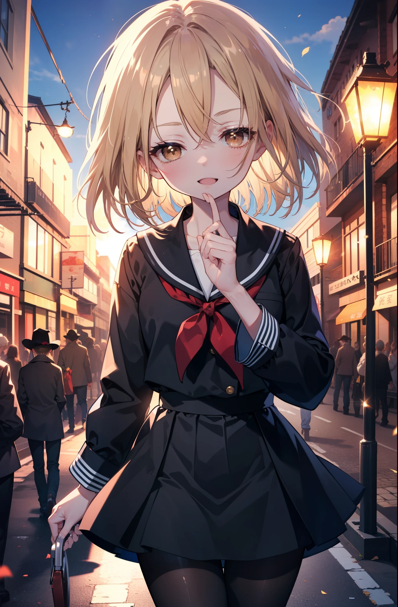 annakyouyama, anna kyouyama, blonde hair, short hair, (brown eyes:1.7),happy smile, smile, open your mouth,Black long-sleeved sailor suit,black pleated skirt,white pantyhose,black loafers,walking,morning,morning日,太陽が登っている
break looking at viewer, whole body,(cowboy shot:1.5),
break outdoors, city,building street,
break (masterpiece:1.2), highest quality, High resolution, unity 8k wallpaper, (shape:0.8), (fine and beautiful eyes:1.6), highly detailed face, perfect lighting, Very detailed CG, (perfect hands, perfect anatomy),