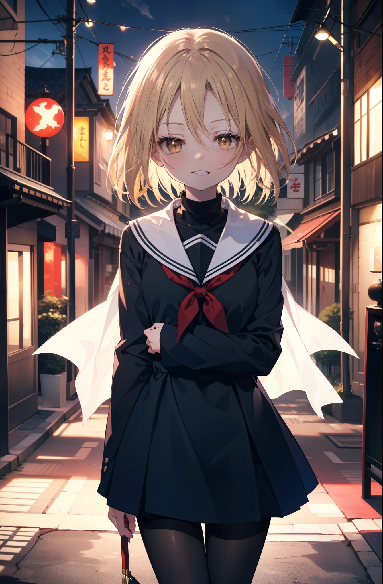 annakyouyama, anna kyouyama, blonde hair, short hair, (brown eyes:1.7),happy smile, smile, open your mouth,Black long-sleeved sailor suit,black pleated skirt,white pantyhose,black loafers,walking,morning,morning日,太陽が登っている
break looking at viewer, whole body,(cowboy shot:1.5),
break outdoors, city,building street,
break (masterpiece:1.2), highest quality, High resolution, unity 8k wallpaper, (shape:0.8), (fine and beautiful eyes:1.6), highly detailed face, perfect lighting, Very detailed CG, (perfect hands, perfect anatomy),