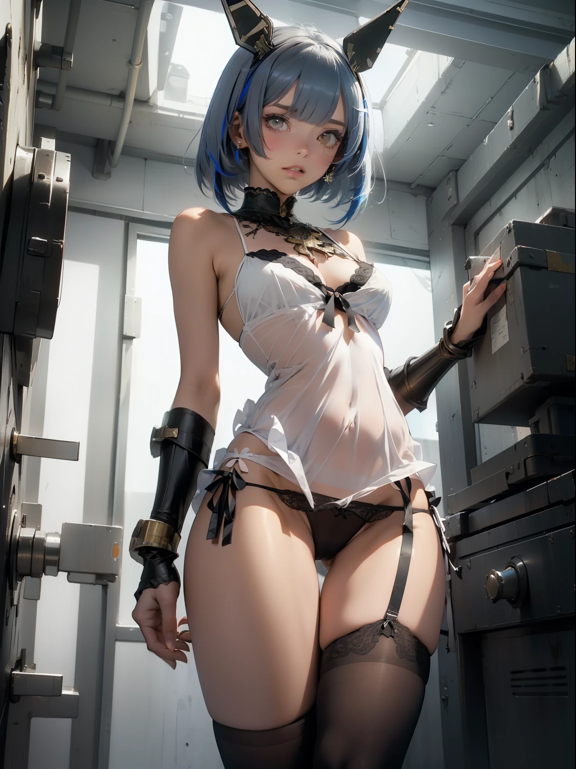 Sexy brown skin Azur Lane waifu，small breasts，Curves are super thick，sixpack abs，Tied to a torture chair，Torture machine，chain，Trapped，in basement，Hostaged，nipple torture，electric chair，Sadness and crying，dreads，urinating on herself，，Tight(White transparent ultra-small cloth bikini，see-through thong，Open the thong vaginal run，Leucorrhoea， The blown tide revealed her breasts，camel-toe，diamond jewelly，Harajuku girl makeup， Sexy breast indentation， evoke， sfv， one-girl， solo， Perfect body， s the perfect face， perfect hand， Perfect Finger， Perfect lips， perfect  eyes， Perfect background， perfect atmosphere， Professional quality， 8K， Perfect photography， Highest high resolution， 8K， Ray traching， perfect volumetric lighting， High-quality octane rendering， high quality vector， ultra - detailed， SAW movie scenes， Torture chamber， Clear skin， minimalistbackground， Perfect skin， no abberations, slender body, slender legs, black underwear, (standing, dynamic pose), (dainty pose, super cute), best illustration of her looking pretty, (best quality:1.3), (masterpiece:1.3), (illustration:1.3), (ultra-detailed:1.3), 1girl, medium breasts, yellow eyes, hair ornaments, indoors, thigh-highs, upper body, gauntlet, greaves, short bobbed hair, gascogne \(azur lane\), blue hair, cross, emotionless, tall, mature, head ornaments, black stockings, white dress,