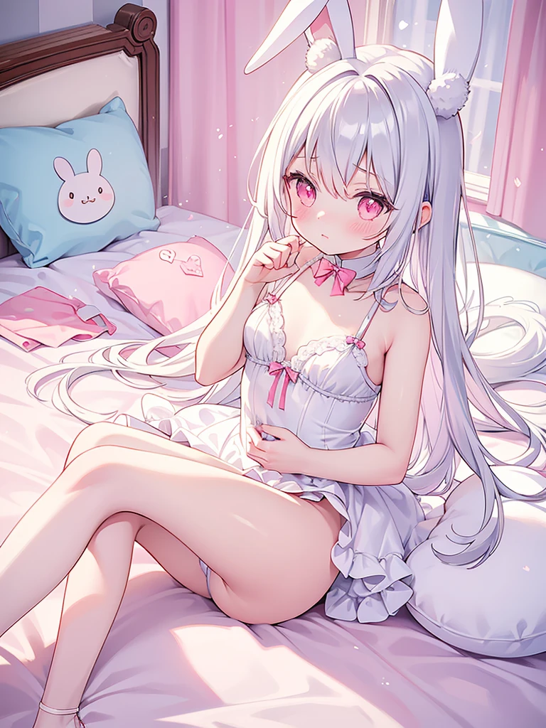 beautiful illustrations, highest quality, pretty girl, Bedroom, pastel colour, fluffy rabbit ears, (two-separated lingerie), cute lingerie, long silver hair, rabbit stuffed animal, bright lighting, Pale pink eyes