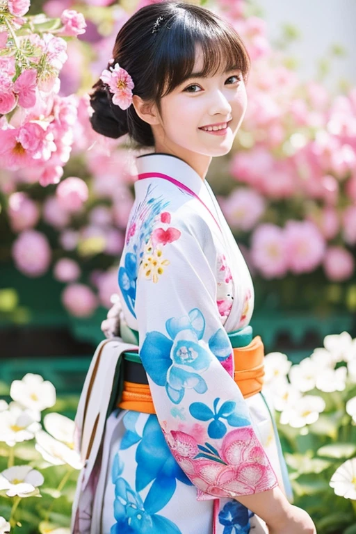 cute girl stands against a background of ((flowers)), her kimono patterned with the same frower design., smile, watercolor, reflection, highlight and shadow, ray tracing, dynamic angle, depth of field, 1000+ scatter petals, {back shot, |}looking at viewer,