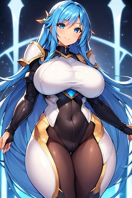 1girl, light skin, light-skinned female, light smile, smile, happy, large breasts, breasts, wide hips, thick thighs, hourglass figure, mature female, toned, toned female, blue hair, blue eyes, bodysuit, futuristic, science-fiction, tech, machinery, black pantyhose, pantyhose, white bodysuit