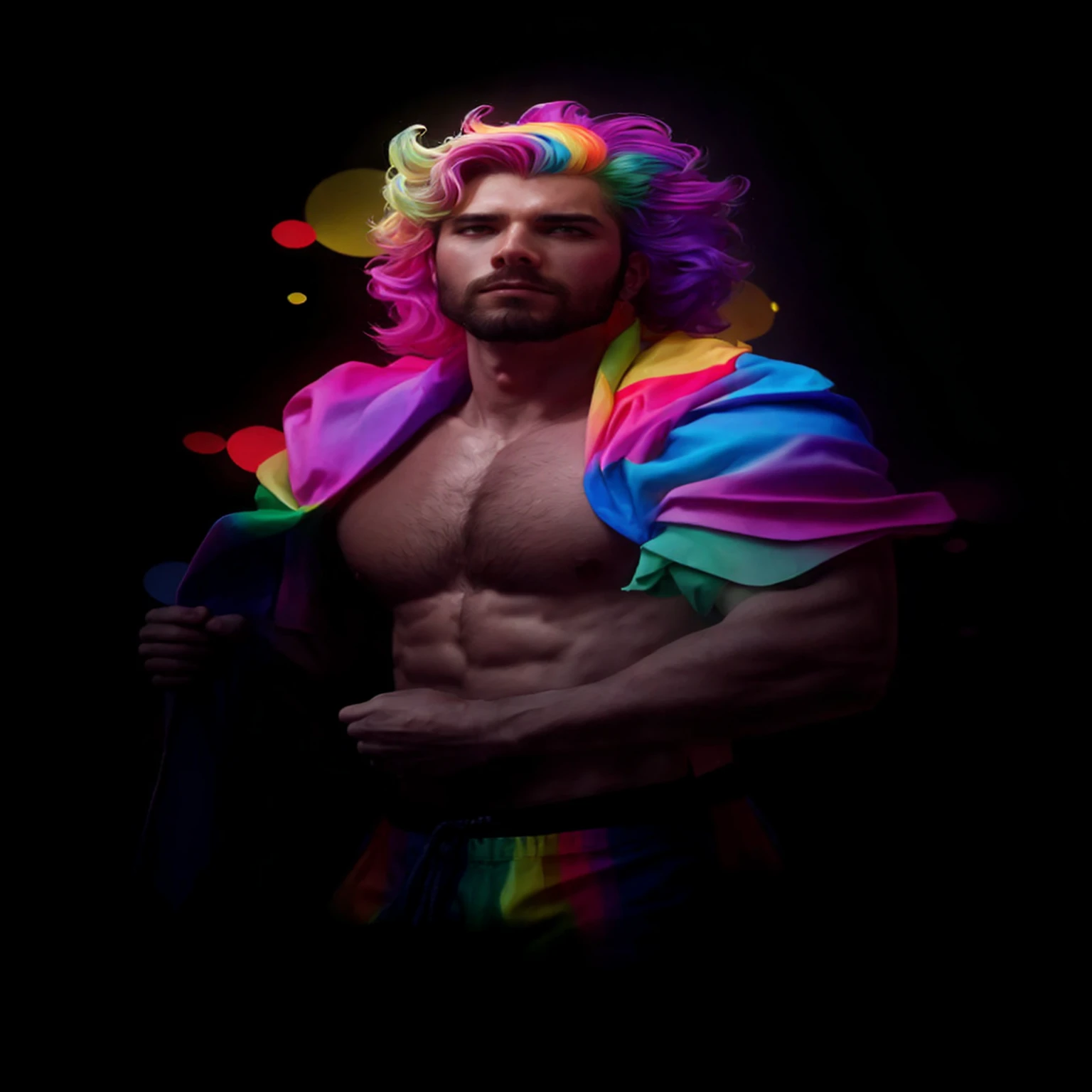 bobbed man with a rainbow wig and a rainbow jacket, ultrarealista arte lgbt, realista olhar orgulhoso, inspirado em David LaChapelle, orgulho gay, Apenas Bartel, pride month, just a rainbow 8k, por Adam Dario Keel, XQC, inspired by Okuda Gensō, pintura digital colorida, inspirado em Russell Dongjun Lu