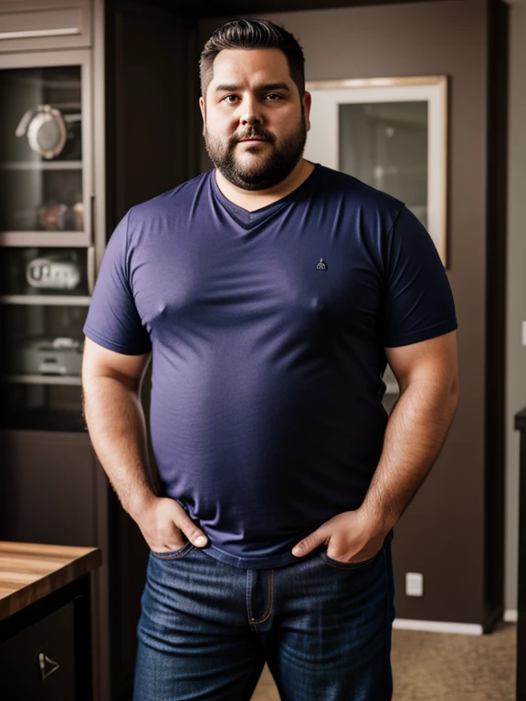 insecure dad, in his 30s, 5 oclock shadow, shirt, jeans, overweight, handsome, in mancave