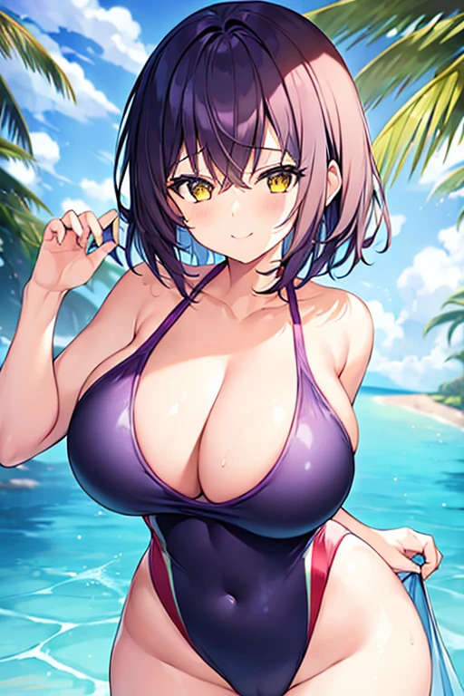 1girl, large breasts, breasts, wide hips, thick thighs, purple hair, short hair, very short hair, yellow eyes, one-piece swimsuit, blue swimsuit, competition swimsuit, black one-piece swimsuit, light smile, smile, hourglsss figure, toned, toned female, tall, tall female