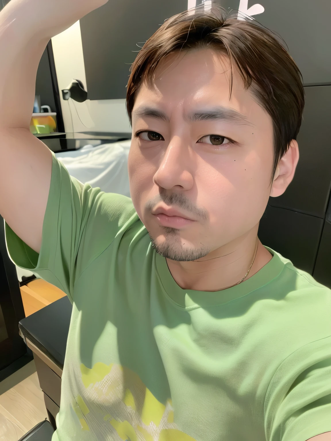 (8K、Raw photo、highest quality、masterpiece:1.2)、(realistic、photo realistic:1.37)、Japanese、alone、male、black eye、Camouflage T-shirt、big nose、thick lips、brown hair、