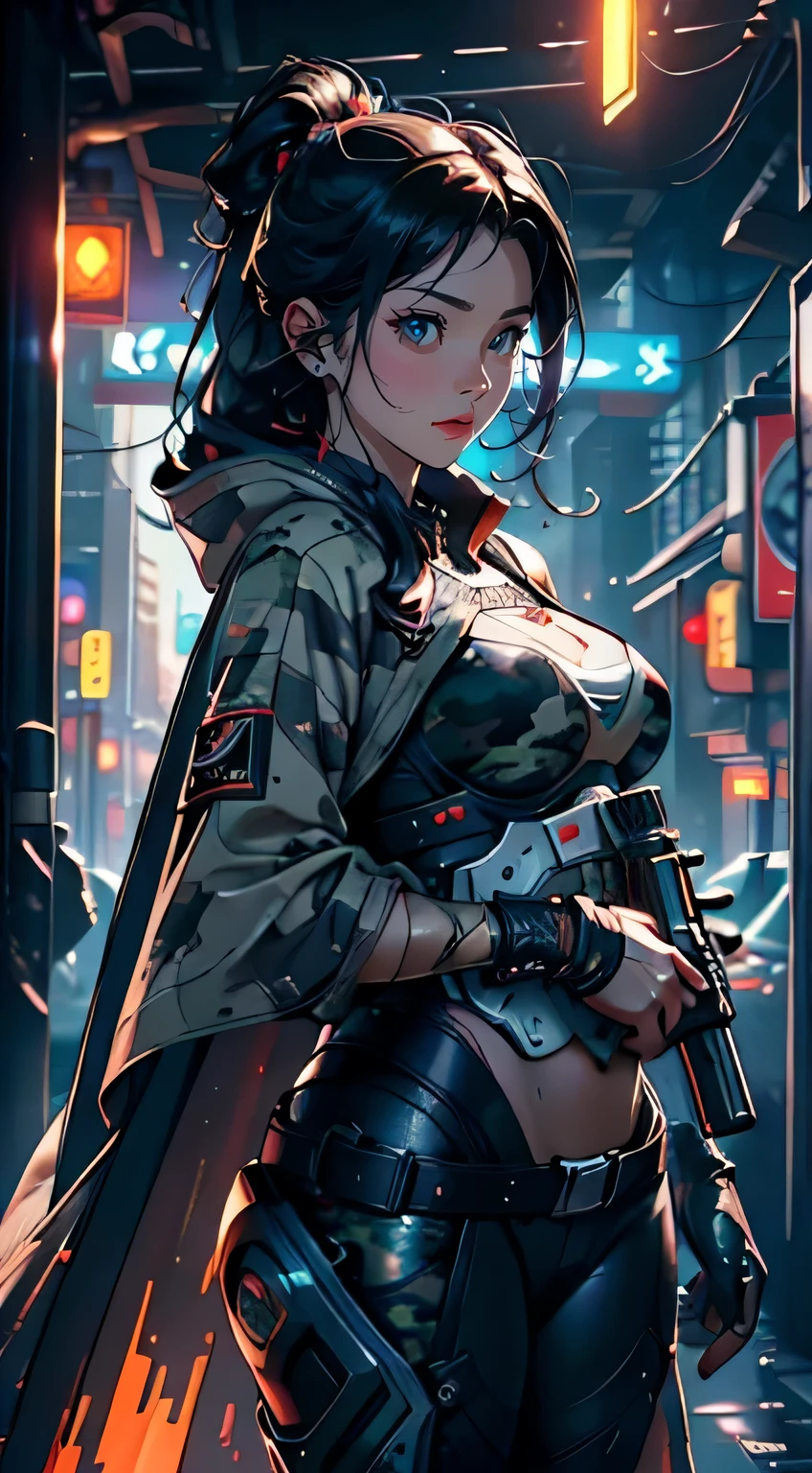 (masterpiece:1.2, Best quality), ((Best quality)), ((masterpiece)), (highly detailed:1.3), 3D, beautiful (cyberpunk:1.2) special forces, robort,female with thick voluminous hair wearing (wearing camouflage_uniform:1.1), body armour,cape,digital (camouflage:1.3),HDR (High Dynamic Range),Ray Tracing,NVIDIA RTX,Super-Resolution,Unreal 5,Subsurface scattering,PBR Texturing,Post-processing,Anisotropic Filtering,Depth-of-field,Maximum clarity and sharpness,Multi-layered textures,Albedo and Specular maps,Surface shading,Accurate simulation of light-material interaction,Perfect proportions,Octane Render,Two-tone lighting,Wide aperture,Low ISO,White balance,Rule of thirds,8K RAW,Efficient Sub-Pixel,sub-pixel convolution