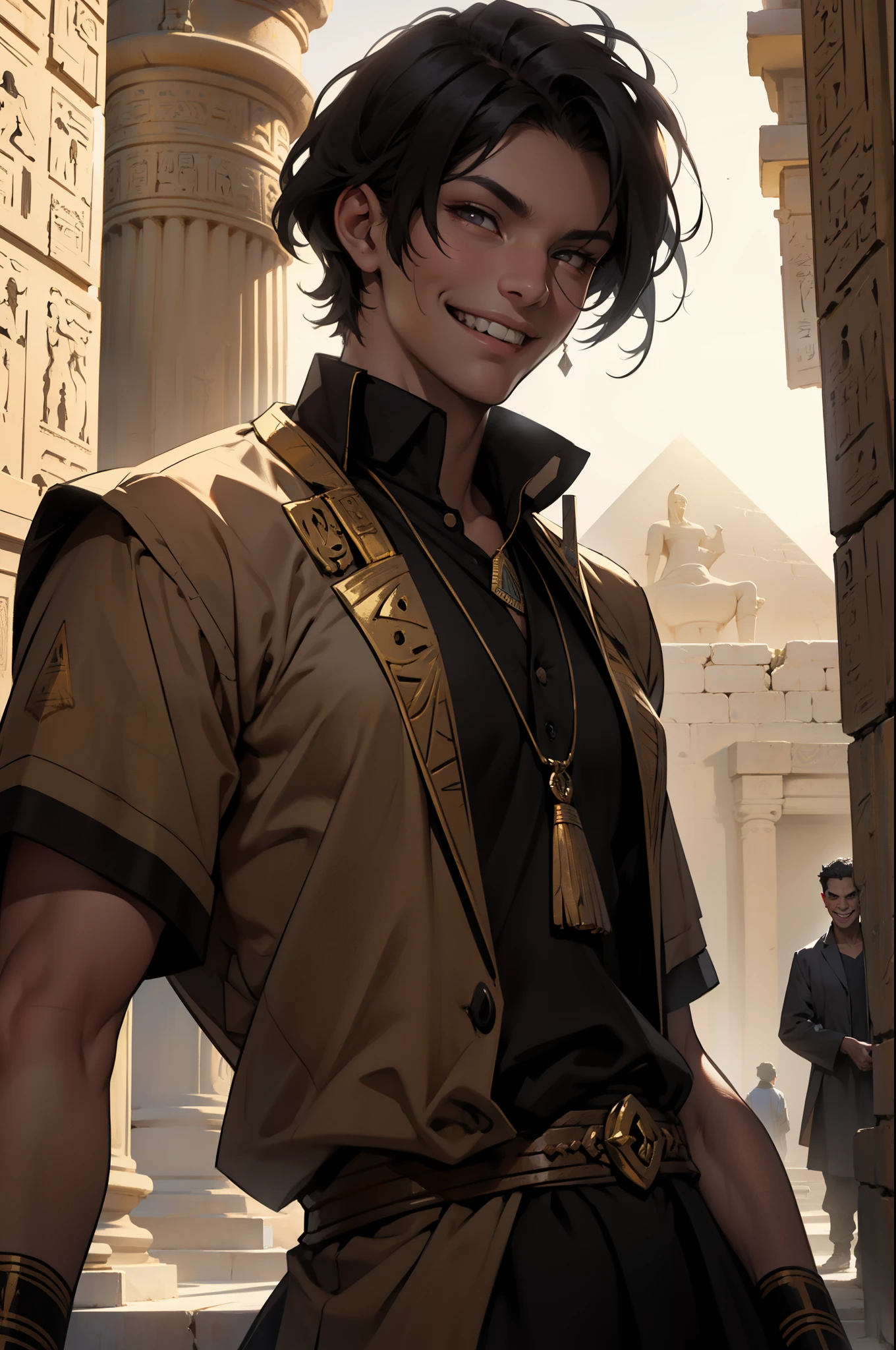 Beautiful , piel oscura en el fondo, The ancient Egyptian smiles with a mischievous and evil smile