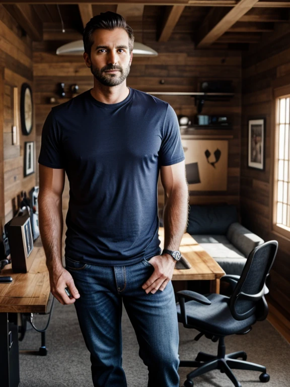 insecure dad, in his 30s, 5 oclock shadow, shirt, jeans, handsome, in mancave