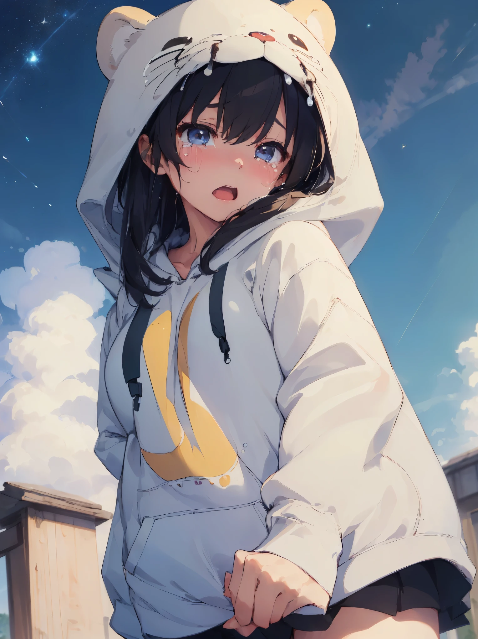 (masterpiece:1.2), (highest quality:1.2), (High resolution:1.2),1 girl , Otter Hoodie, cry、(((Are crying))、open your mouth、Upper body、shed tears、(((large tears)))  、Holding back with both hands