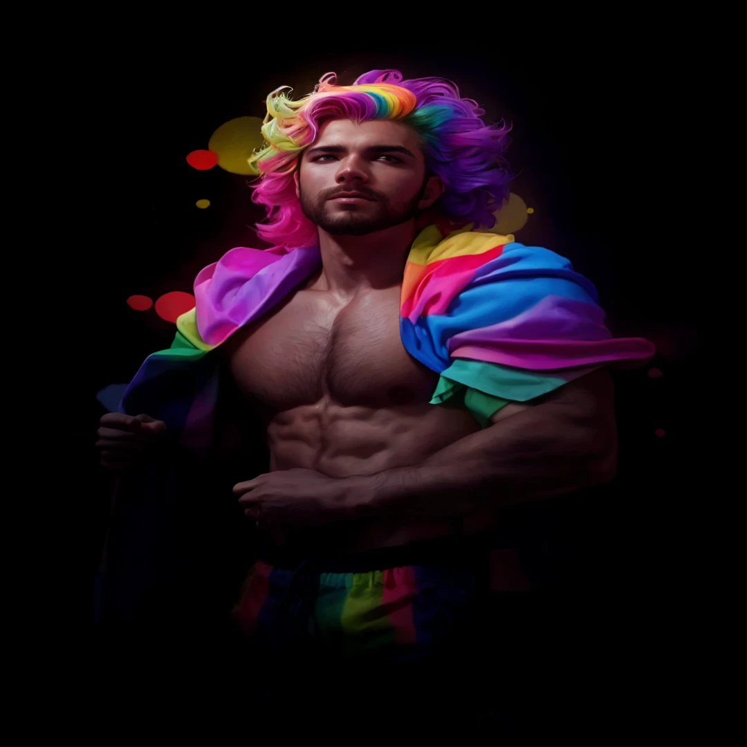 wiry man with rainbow hair and a rainbow jacket, ultrarealista arte lgbt, realista olhar orgulhoso, inspirado em David LaChapelle, orgulho gay, Apenas Bartel, pride month, just a rainbow 8k, por Adam Dario Keel, XQC, inspired by Okuda Gensō, pintura digital colorida, inspirado em Russell Dongjun Lu