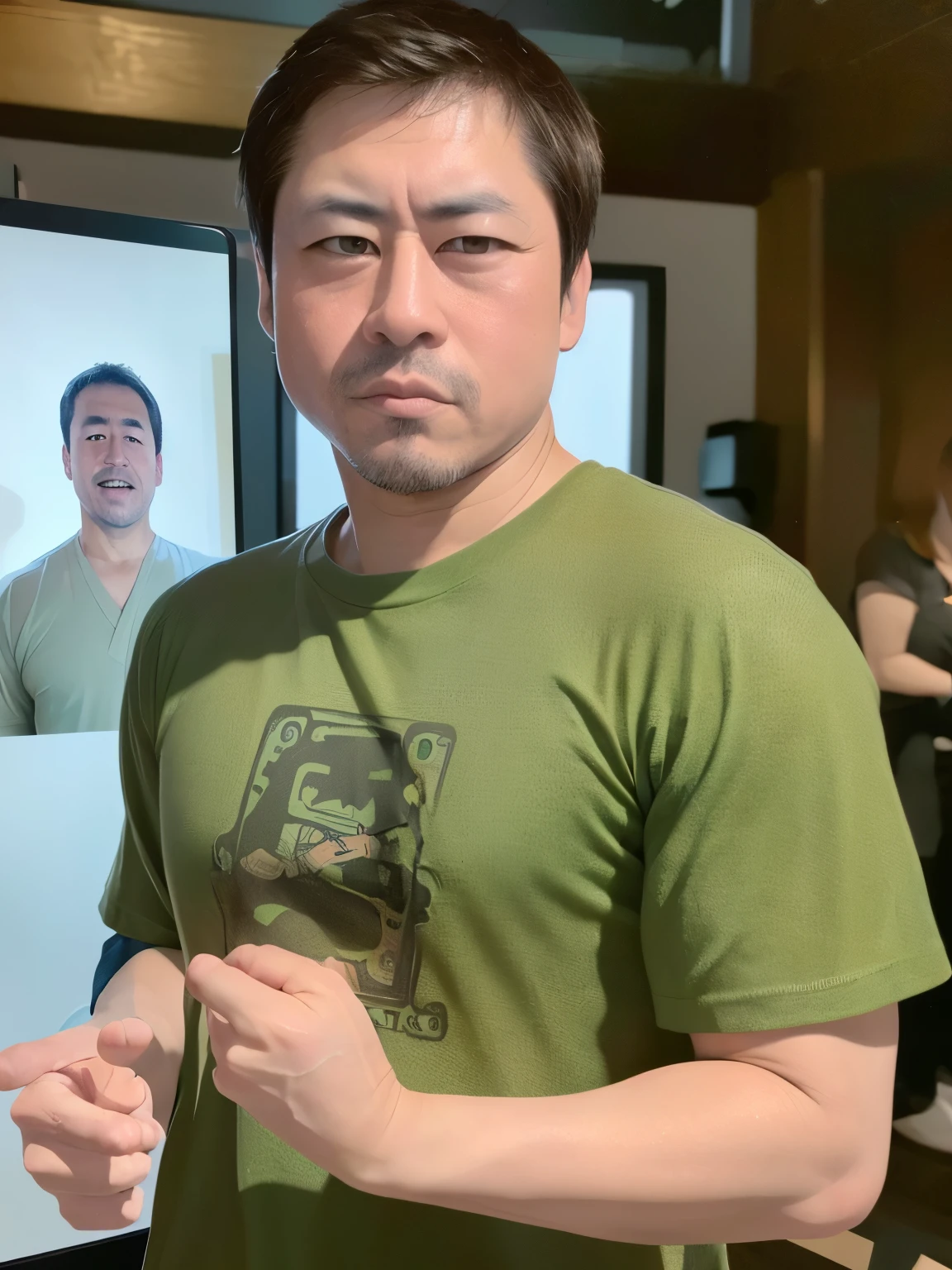 (8K、Raw photo、highest quality、masterpiece:1.2)、(realistic、photo realistic:1.37)、Japanese、alone、male、black eye、Camouflage T-shirt、big nose、thick lips、brown hair、