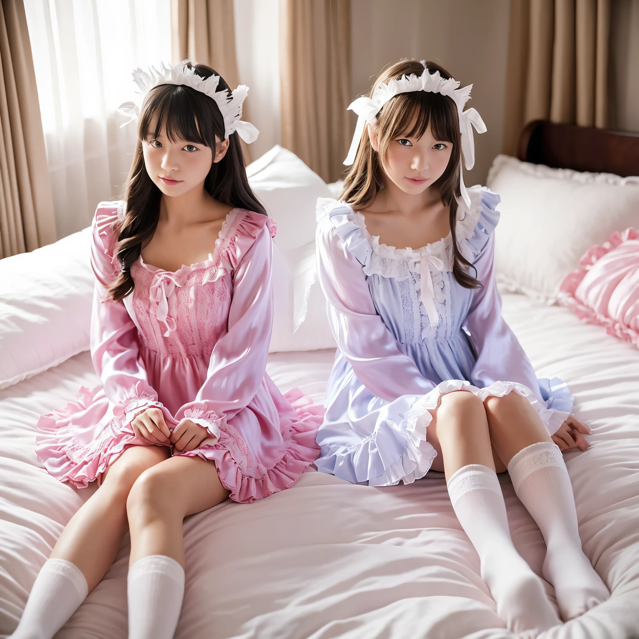 ,highest quality, masterpiece, highest resolution, artwork, super それにget used to it, many get used to it, get used to it, それにget used to it, 3K realistic photos,,((10 year old s)),Super detailed baby face,the girl is a princess,detailed luxury tiara,ruffled yoke collar,Detailed braided ribbon on chest,puff sleeves,long sleeve,((ロリータスタイルのホッンクのロングスカートのワンピースのpajamas、Comes with lots of frills and ribbons。)),crazy'colorful fashion,光沢のあるシルクサテンのpajamas,1920s style nightgown,Headdress with frills and ribbons,soft and smooth silk satin fabric,luxury,Very long blonde hair,blue eyes,white skin european,pajamas,fine white frills and lace,Super long hair that is as tall as your body,white long socks,drawers with lots of frills,castle bedroom at night,Super long flowing hair,On top of a luxurious king-size bed with a huge canopy,Pink pillow with lots of frills,Silk satin pink curtains with luxurious ruffles and ribbons surround the bed,girls sitting on the bed,There are a lot of pillows on the bed,(((Both legs are completely hidden inside the skirt))),((((Round futon)))),((((A large ruffled futon that covers the entire bed)))),detailed comforter,Detailed bed sheets,ruffle bed skirt,deep bed,background with depth,pajamasパーティー,happy girl,